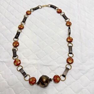 Handmade Chunky Ceramic Bead Necklace Hook Closure Vintage Orange Red 24" Metal